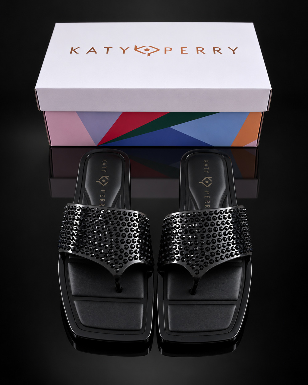 Katy Perry The Gel Slide Thong Sandals Womens 8M Black Rhinestone Square Toe NIB